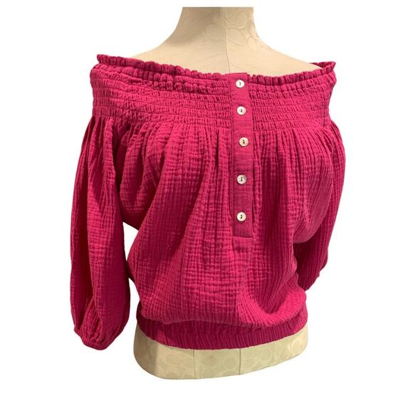 XS Roan + Ryan Fuchsia Womens Off Shoulder Banded Shirt Blouse - Picture 1 of 10